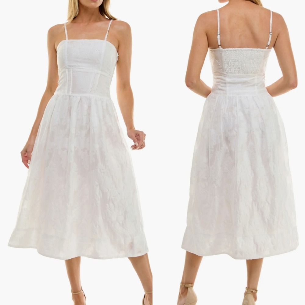 New $128 Socialite White Floral Jacquard Midi Dress Sleeveless M Bride Sundress